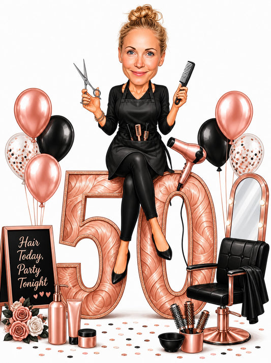 Hairstylist birthday caricature with rose gold 50, scissors, comb, salon chair and balloons.