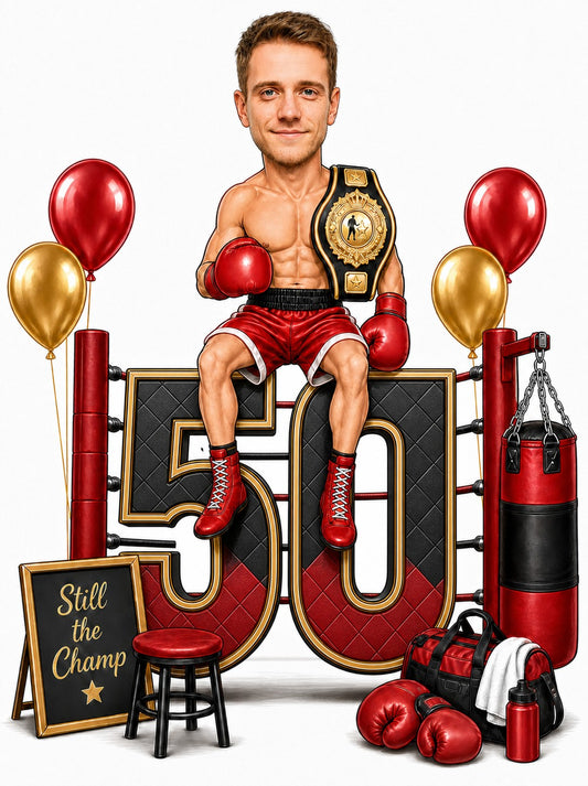 Boxer birthday caricature man sitting on giant age number with belt and gloves