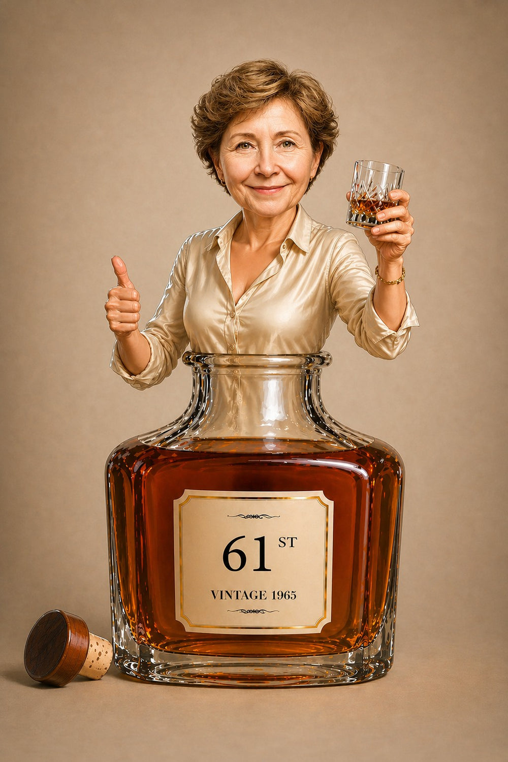 Woman in satin blouse rising from whisky decanter labeled 61st Vintage 1965, holding glass, thumbs up