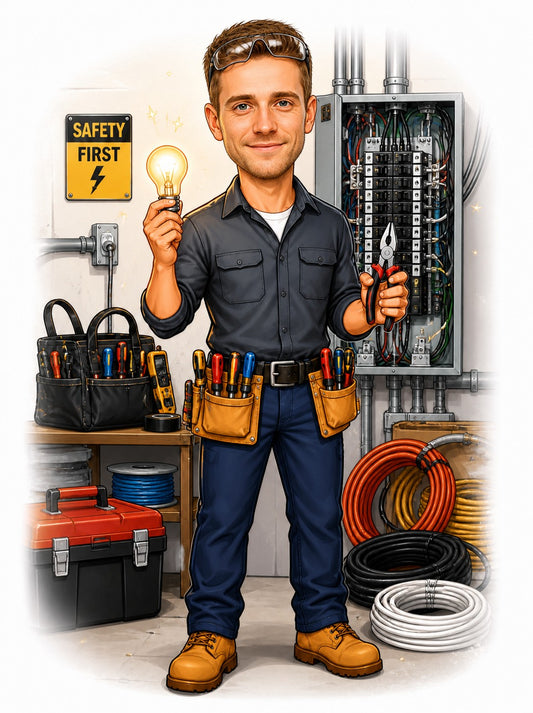 Electrician caricature holding glowing light bulb and pliers beside breaker panel, Safety First sign.