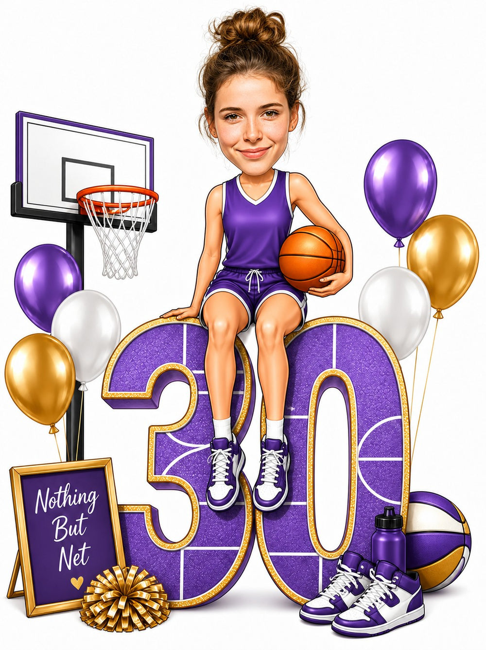 Female player in purple jersey sitting on giant age 30 with balloons and hoop