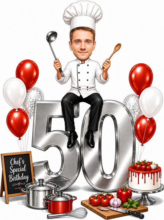 Male chef caricature sitting on giant age number with balloons and chalkboard.