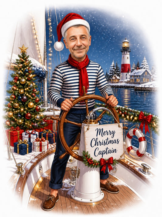 Christmas sailing captain caricature with Santa hat, striped shirt, ship wheel and Merry Christmas Captain sign.