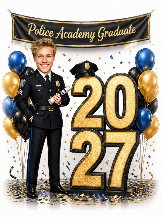 Police Academy Graduate banner, officer uniform, 2027 gold numbers, blue and gold balloons.