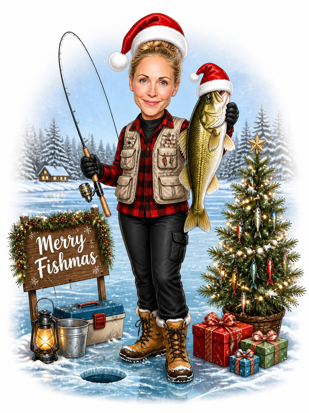 Woman ice fishing Christmas caricature holding a big bass beside Merry Fishmas sign.