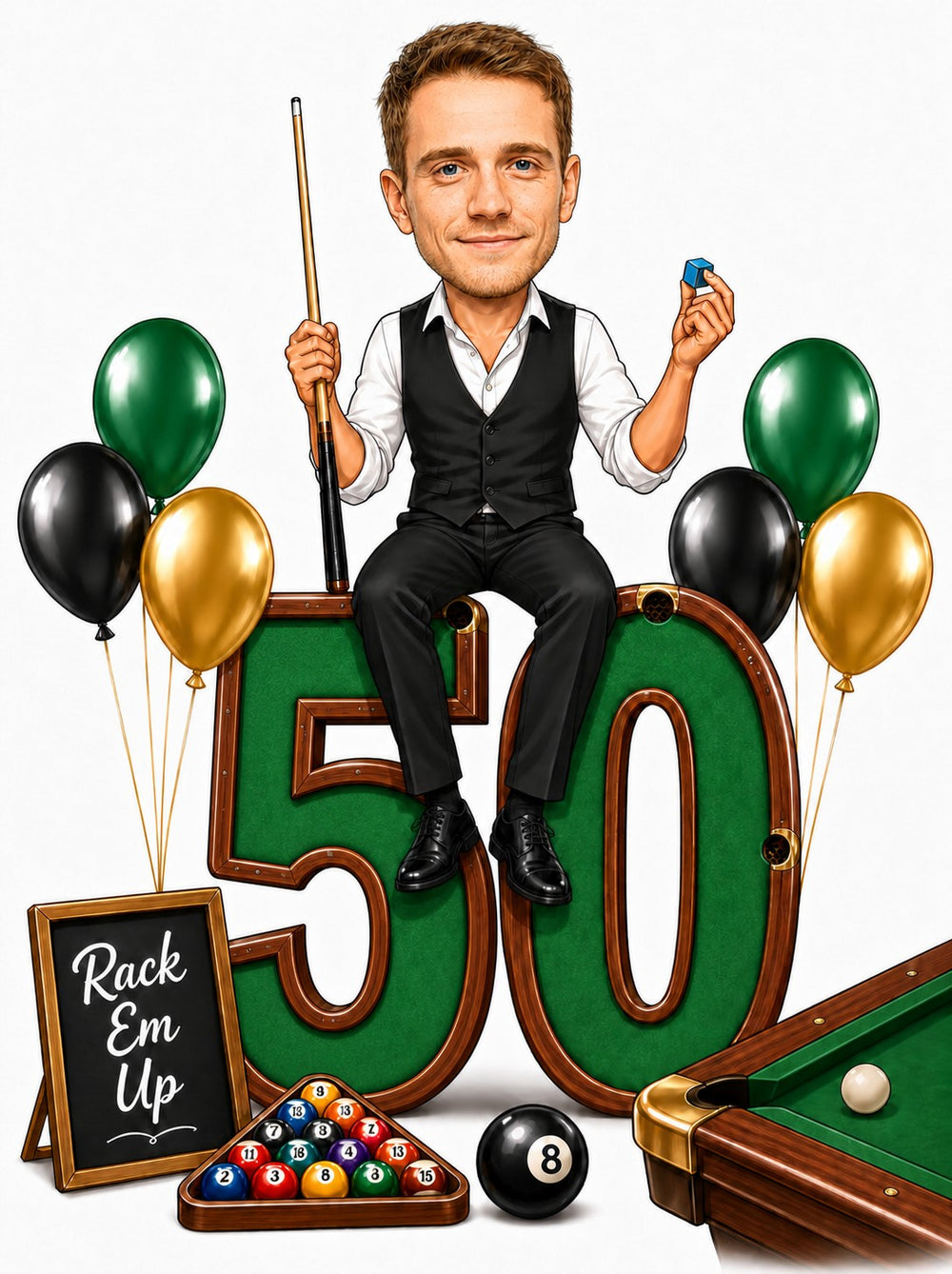 Man on giant 50 pool numbers, cue and chalk, balloons, Rack Em Up sign.