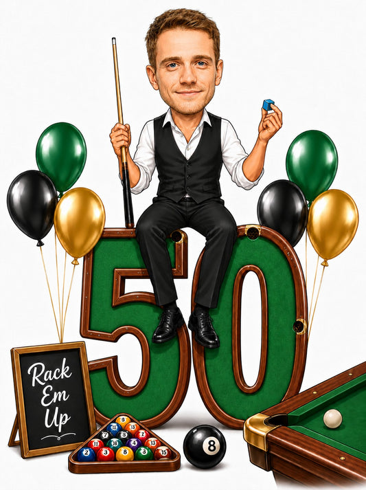 Man on giant 50 pool numbers, cue and chalk, balloons, Rack Em Up sign.