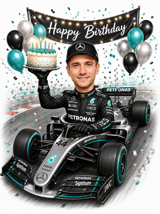 F1 driver in silver race car holding birthday cake, balloons and Happy Birthday banner