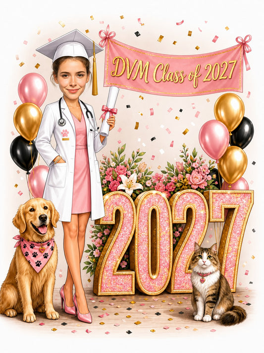 Female vet graduate caricature with DVM Class of 2027 banner, white coat, stethoscope, dog and cat.