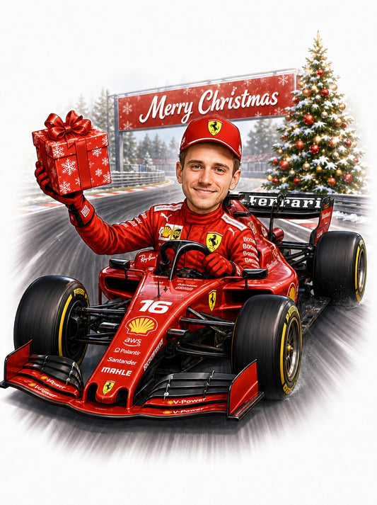 Red Formula racing car on snowy track, Merry Christmas banner, driver holding gift.