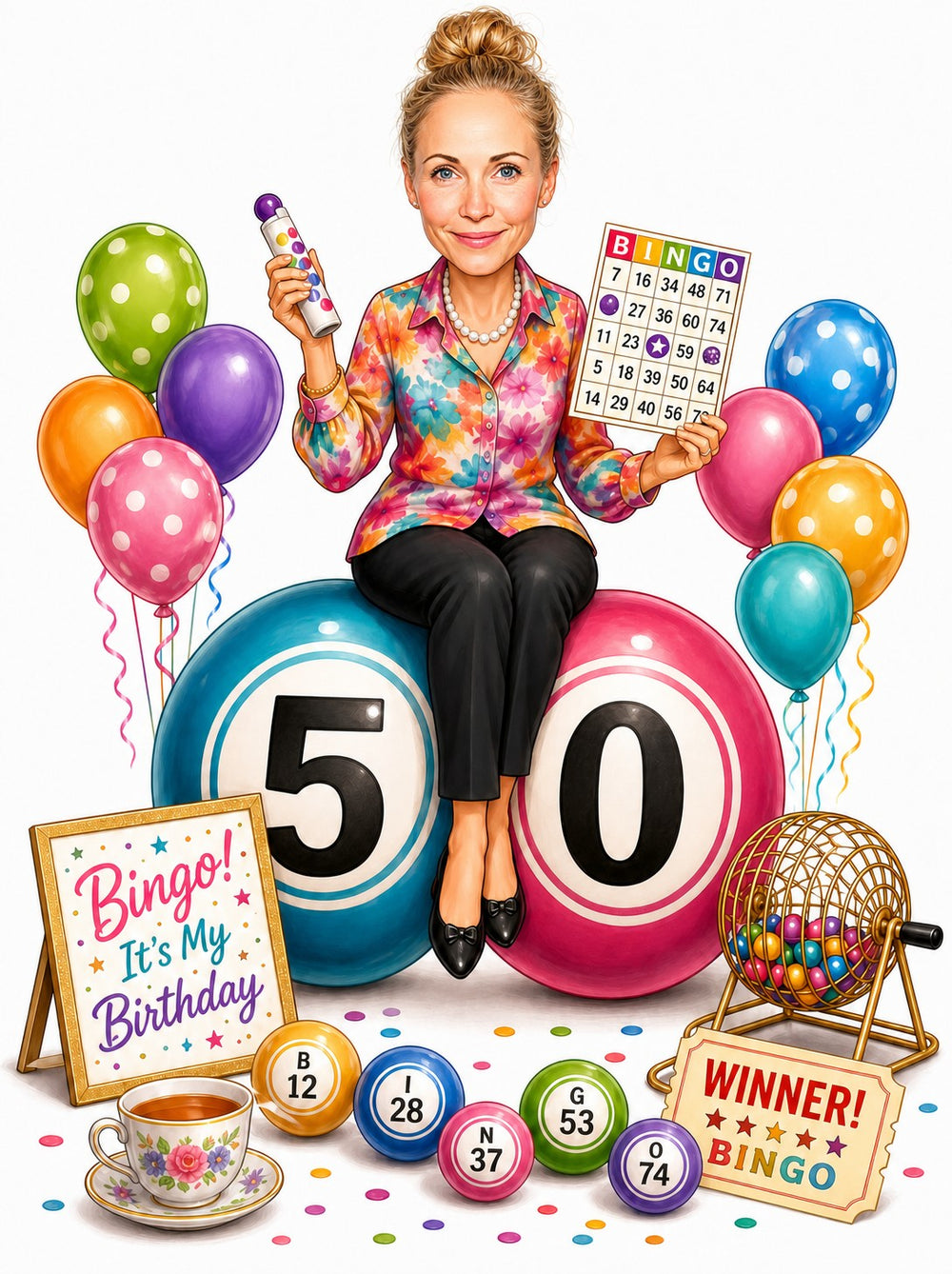 Woman sits on giant 50 bingo balls, holding bingo card and dauber, balloons surrounding.
