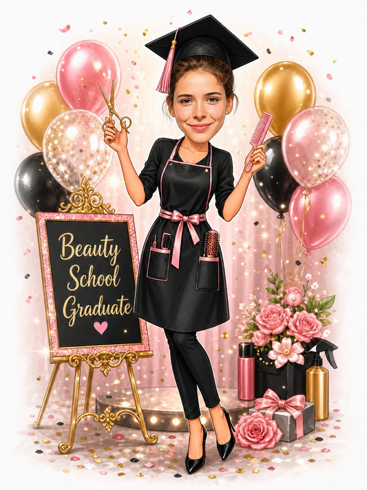 Cosmetology graduate woman with cap, scissors and comb, pink black gold balloons, Beauty School Graduate sign.