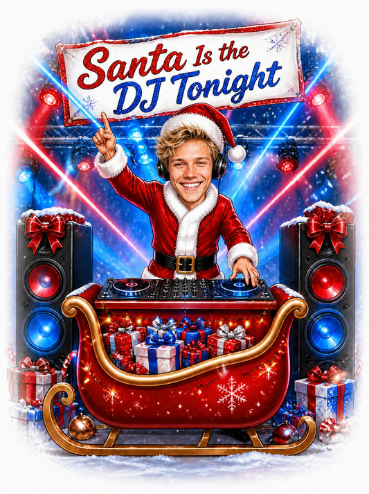 DJ Santa caricature with banner Santa Is the DJ Tonight, sleigh DJ booth, and speakers