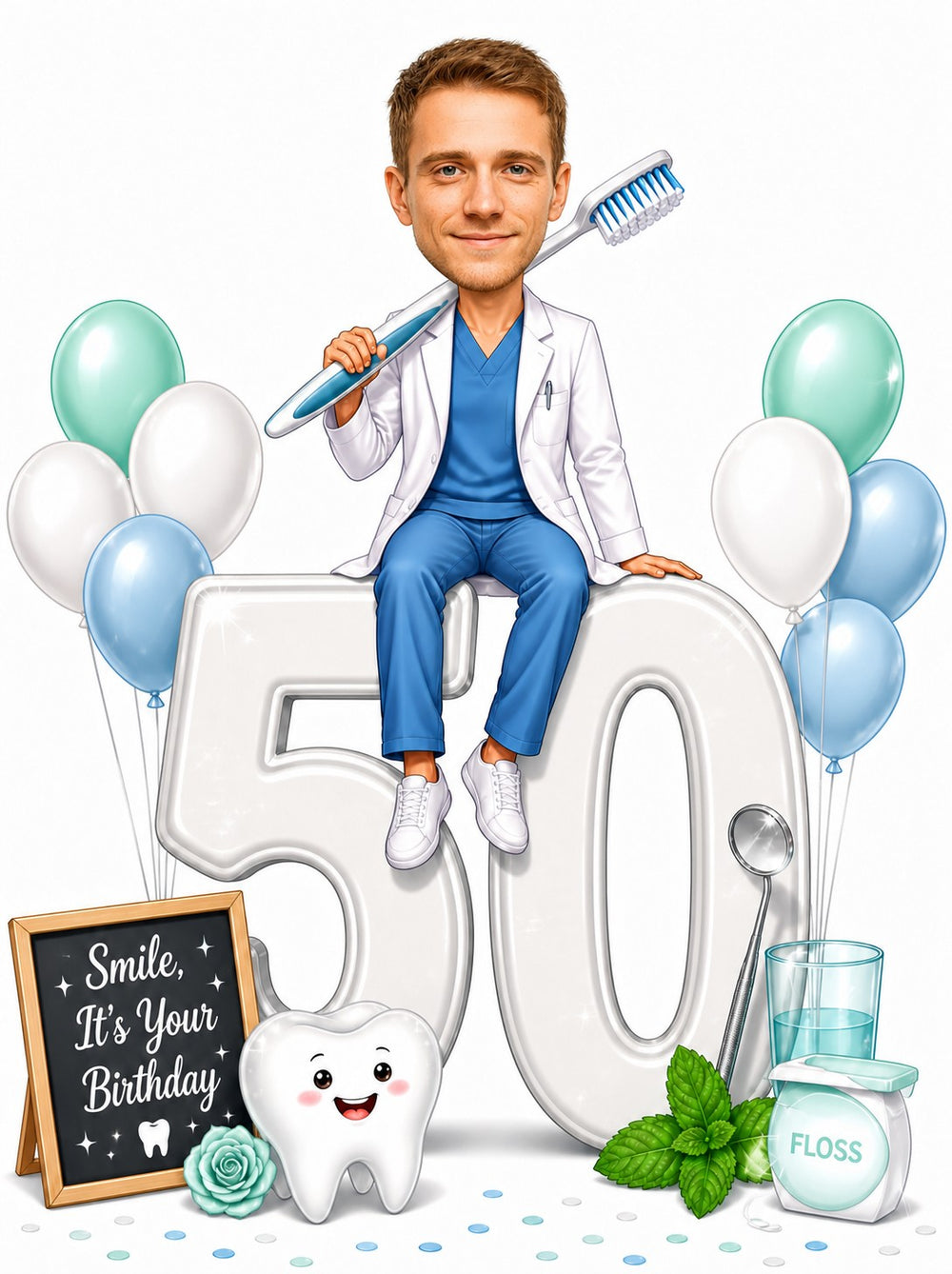 Male dentist caricature on giant age number with big toothbrush and balloons