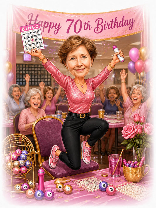 Bingo hall birthday caricature with woman holding card and dauber under Happy 70th banner.