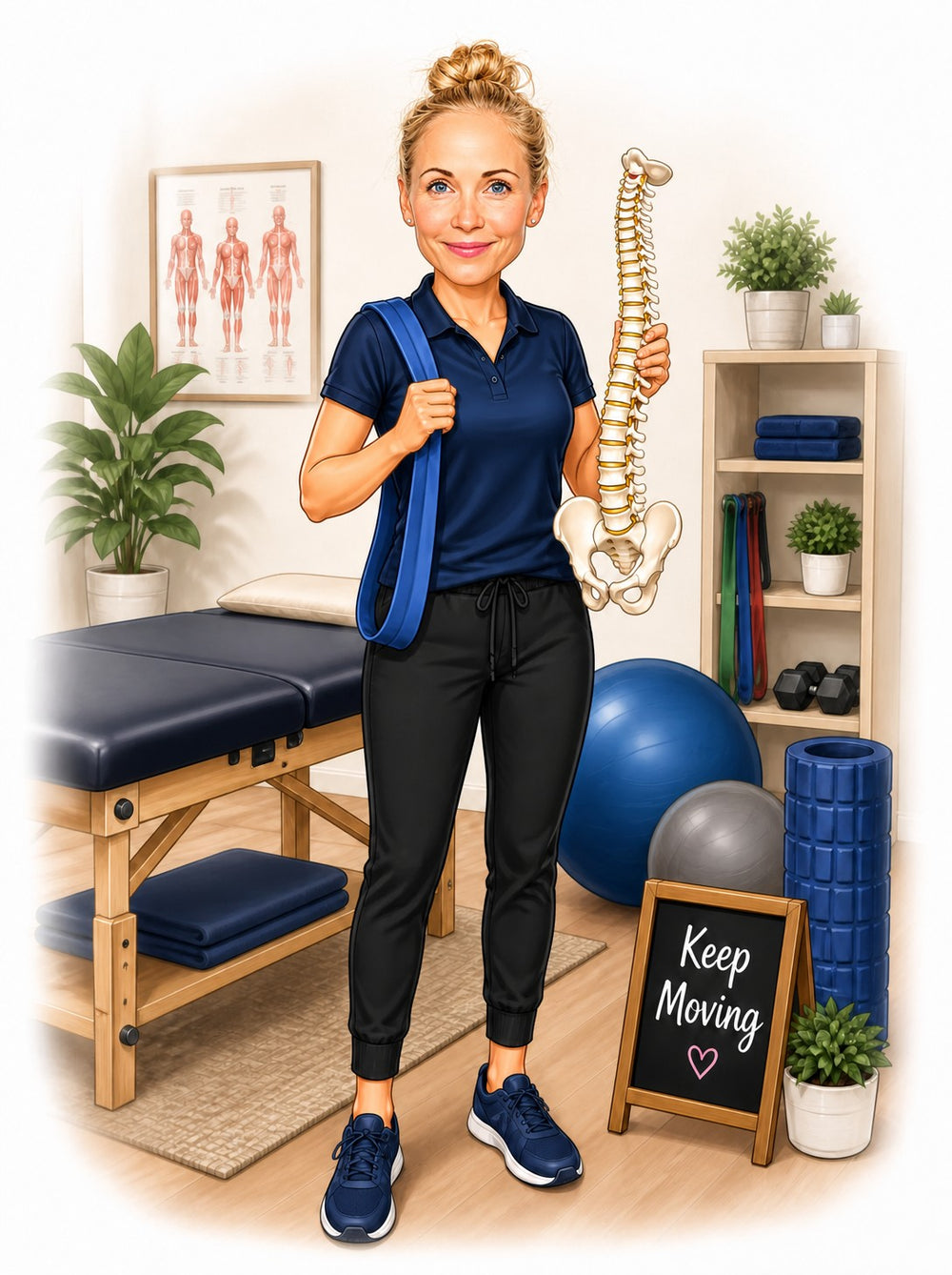 Female physical therapist caricature in clinic holding spine model and blue resistance band.