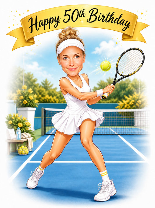 Woman tennis player in white dress under Happy 50th Birthday banner on blue court