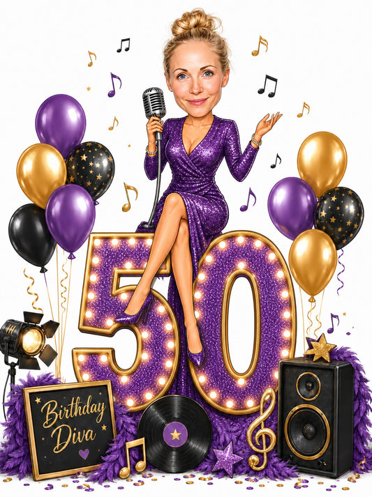 Woman atop lit 50 with vintage microphone, purple gown, balloons and music notes.
