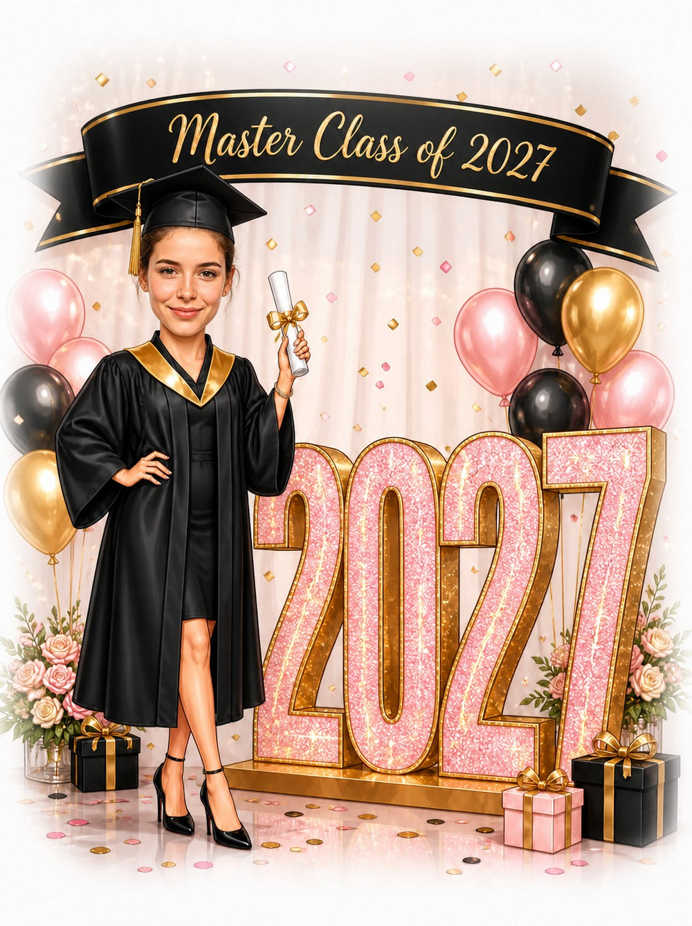 Female graduate in cap and gown holding diploma beside pink glitter 2027