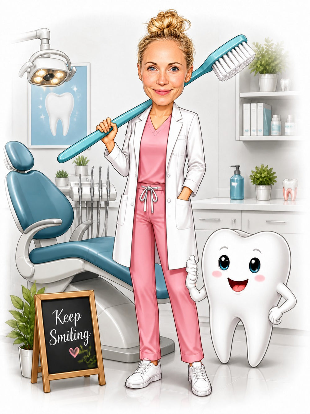 Female dentist caricature in clinic holding giant toothbrush, pink scrubs, Keep Smiling sign, cute tooth.