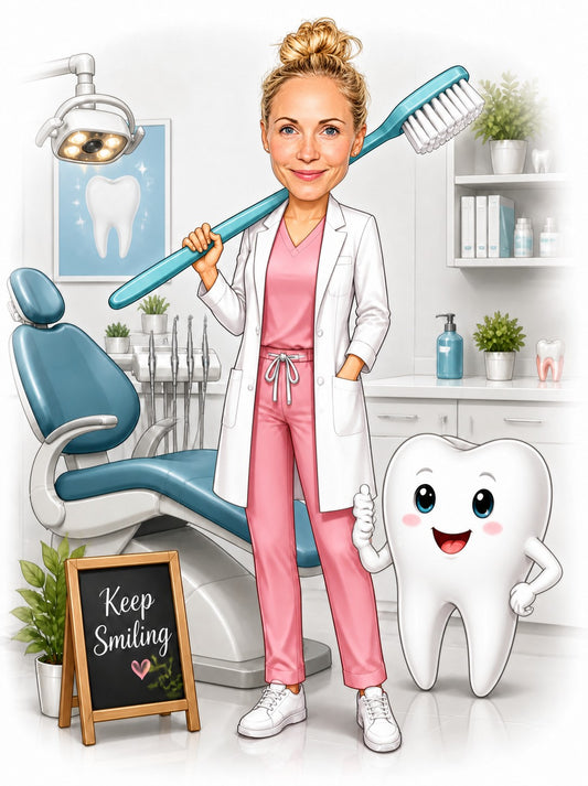 Female dentist caricature in clinic holding giant toothbrush, pink scrubs, Keep Smiling sign, cute tooth.