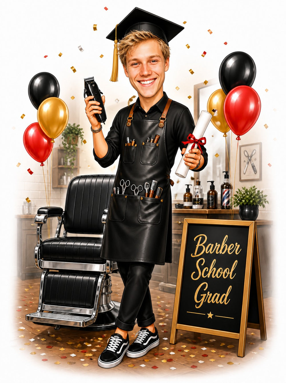Barber school graduation caricature with cap, clipper, diploma, and vintage barber chair.