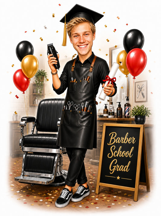 Barber school graduation caricature with cap, clipper, diploma, and vintage barber chair.