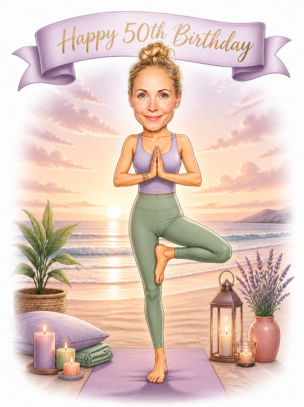 Woman in tree pose on beach, Happy 50th Birthday banner, candles and lavender.