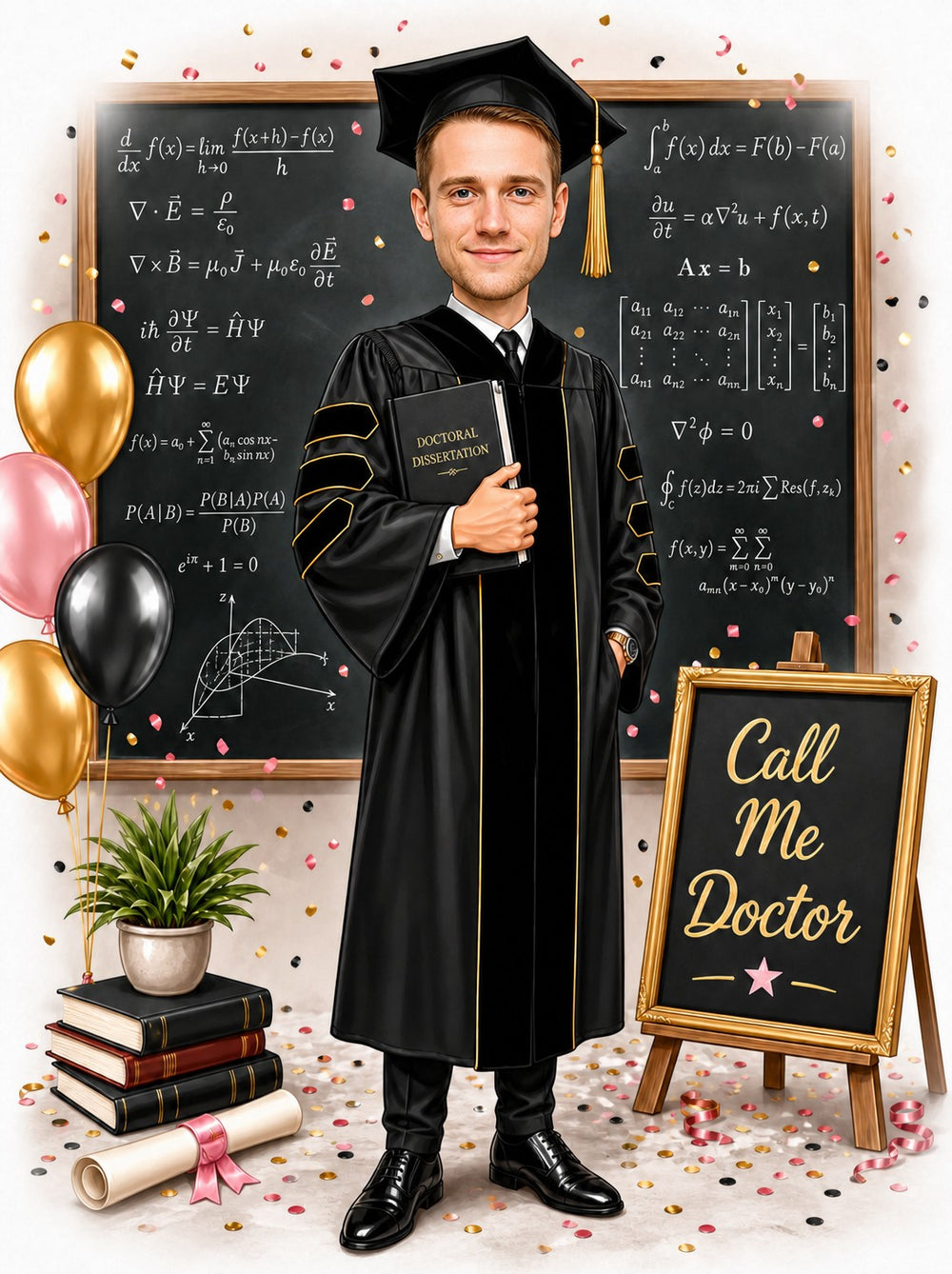 Doctoral graduation caricature with gold-trimmed gown, equations chalkboard, and Call Me Doctor sign.