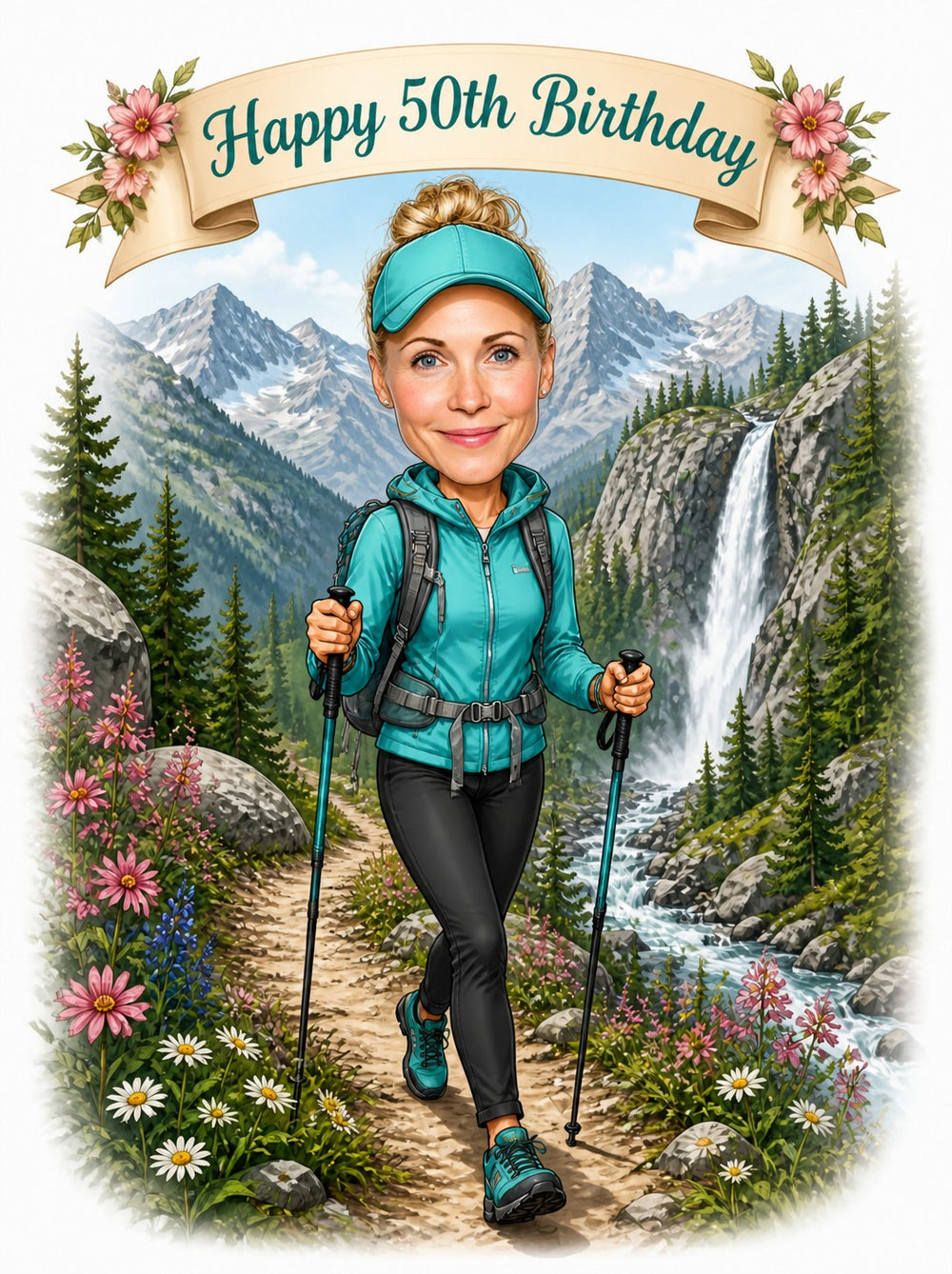 Woman hiker caricature with trekking poles on mountain trail and waterfall