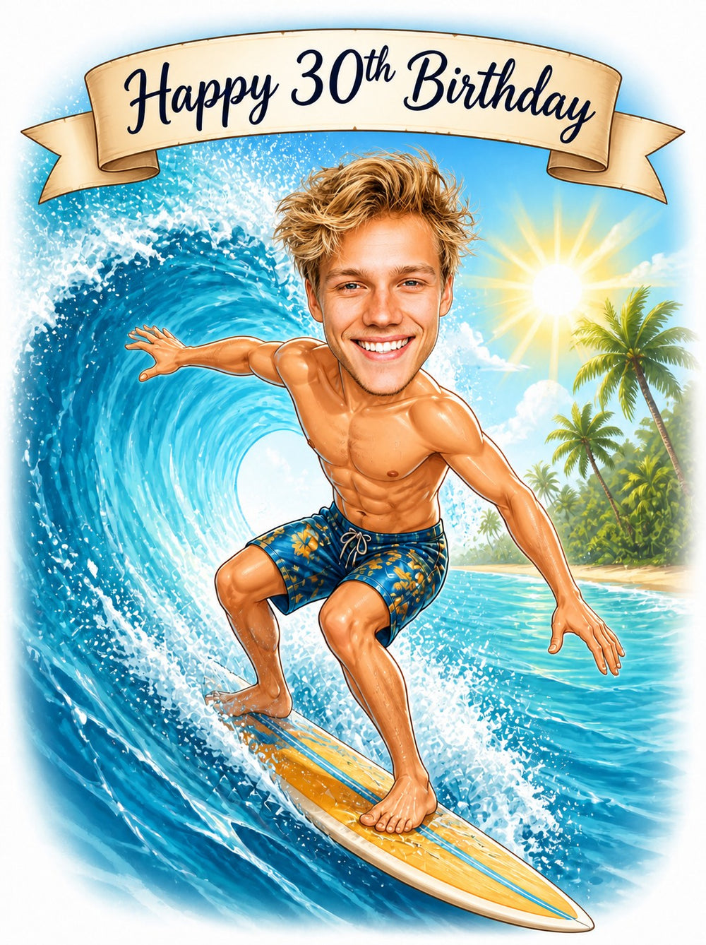 Smiling male surfer carving a blue wave with Happy 30th Birthday banner and palm trees