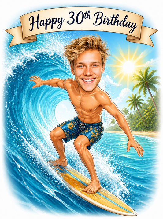 Smiling male surfer carving a blue wave with Happy 30th Birthday banner and palm trees