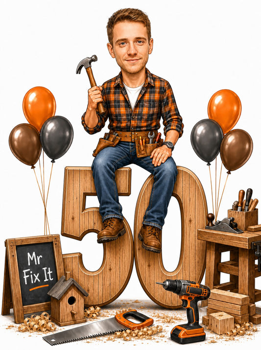 Handyman in plaid shirt holding hammer, on giant wooden 50 with tools and balloons.