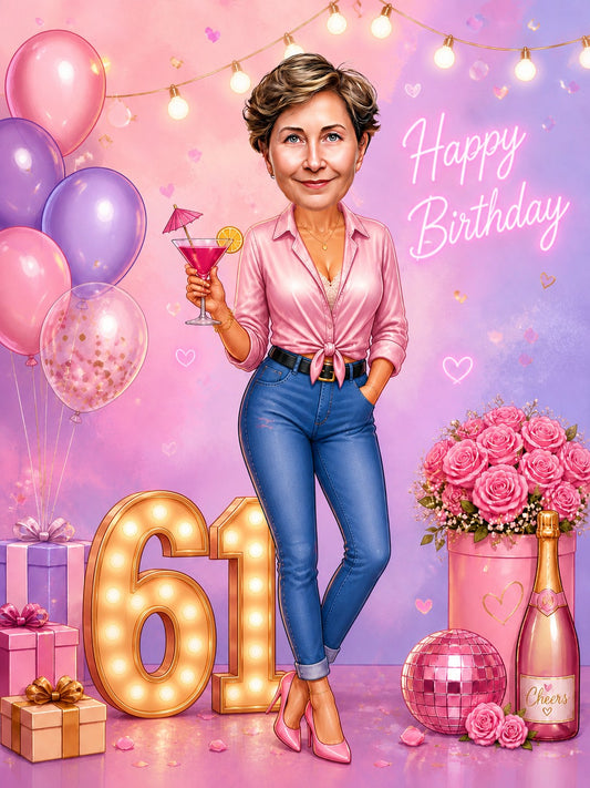 Woman in pink blouse and heels by giant 61, balloons, neon Happy Birthday sign, cocktail and gifts.