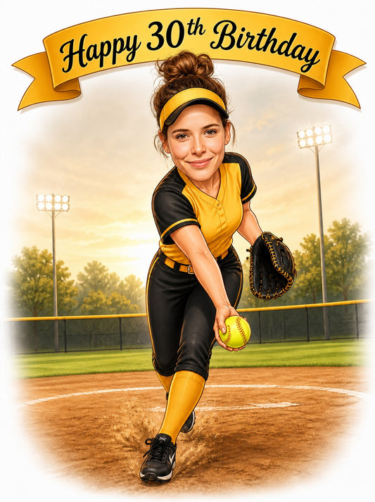 Female softball pitcher caricature in black-and-gold uniform, yellow ball, glove, stadium lights, Happy 30th Birthday banner.