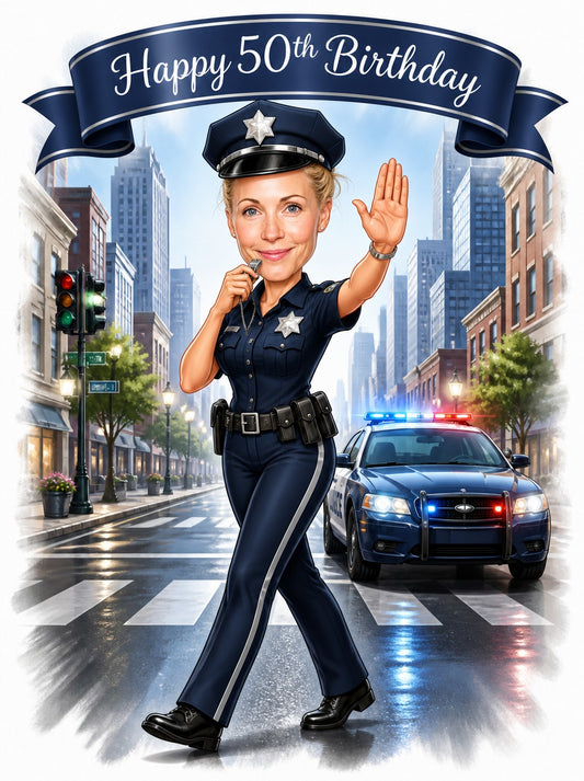 Female police officer caricature stopping traffic with patrol car and Happy 50th Birthday banner.