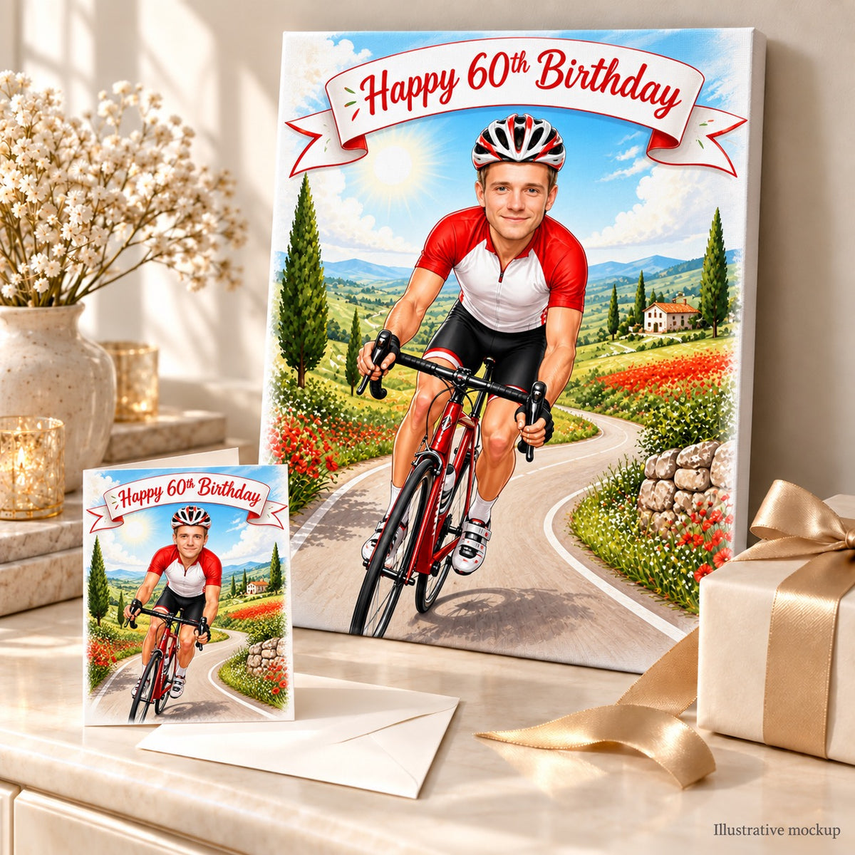 Cycling caricature on stretched canvas and 5x7 card displayed with birthday gift wrap.