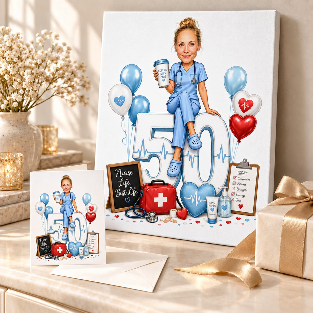 Canvas and 5x7 card of nurse caricature in a celebratory gift setup