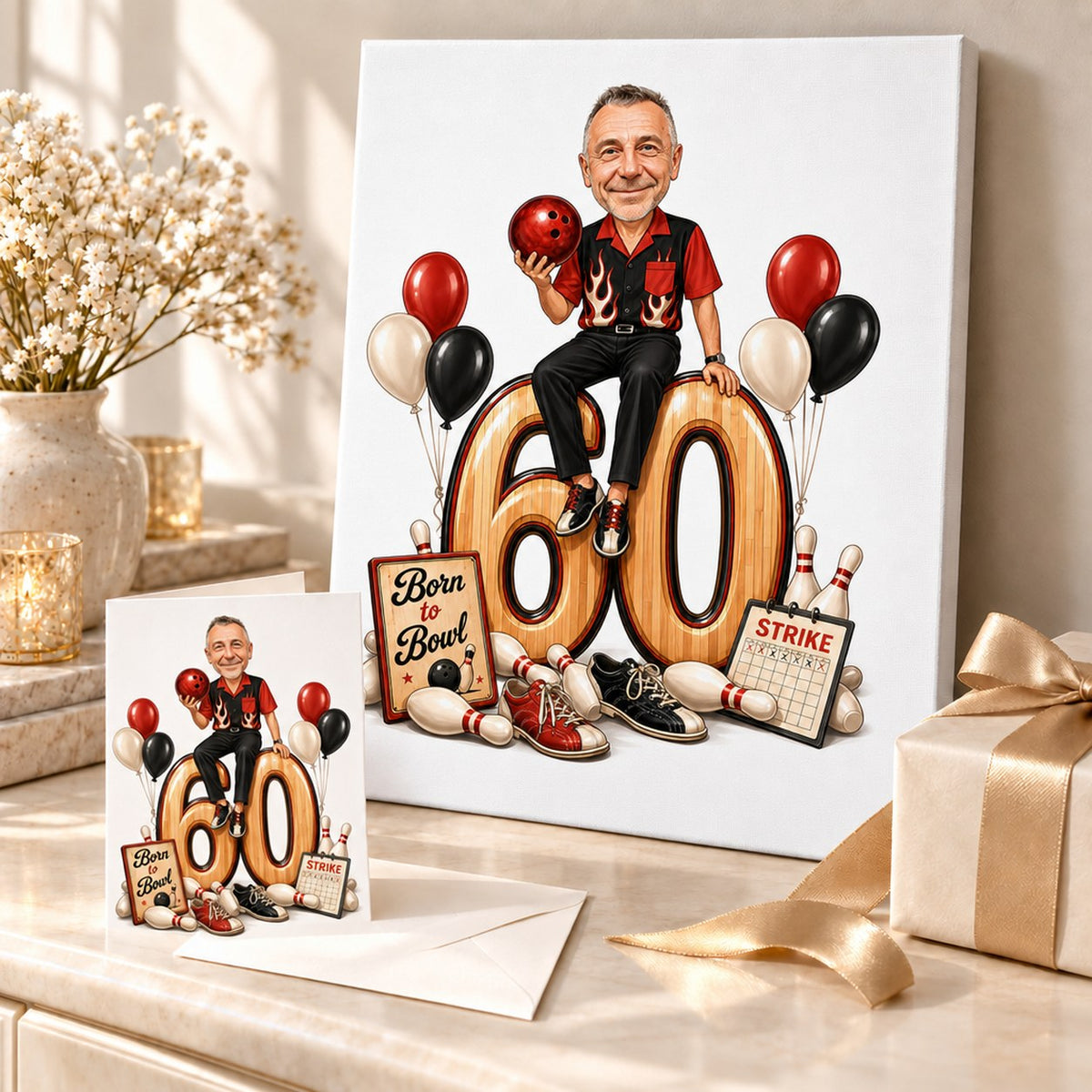 Bowling birthday caricature printed on canvas and greeting card beside gift box.