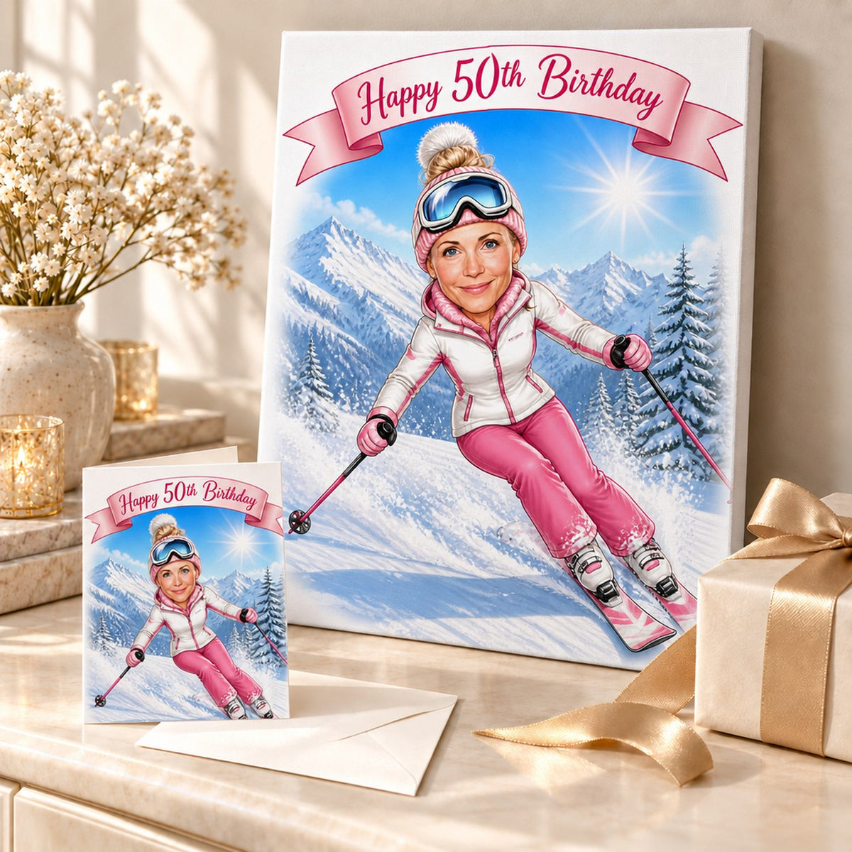 Custom ski caricature on canvas and greeting card arranged as a winter gift display.