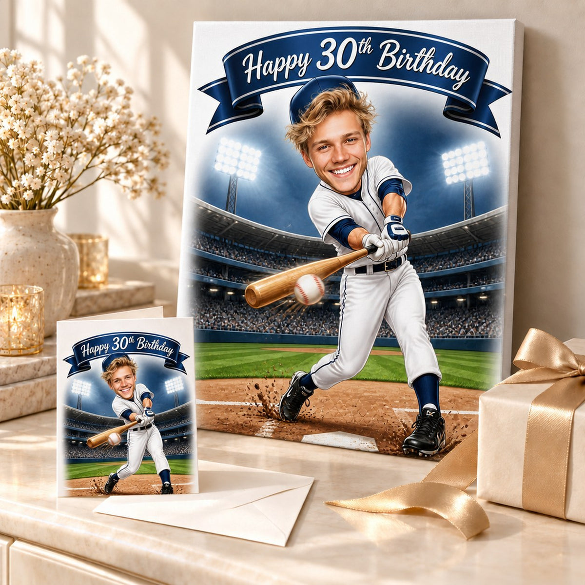 Stretched canvas and 5x7 card of custom baseball caricature gift scene