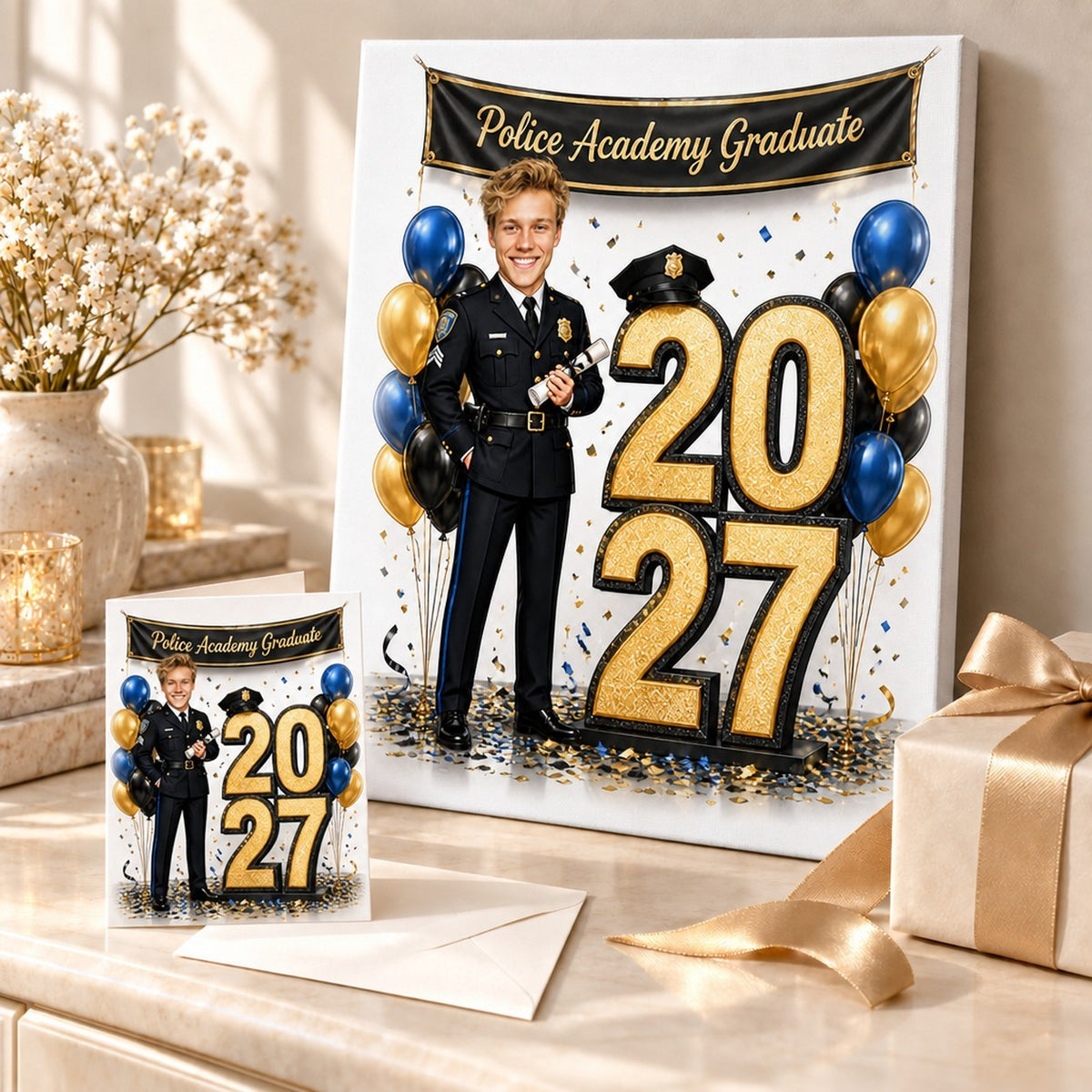 Canvas and 5x7 card of police graduation caricature displayed with balloons and confetti for gifting.