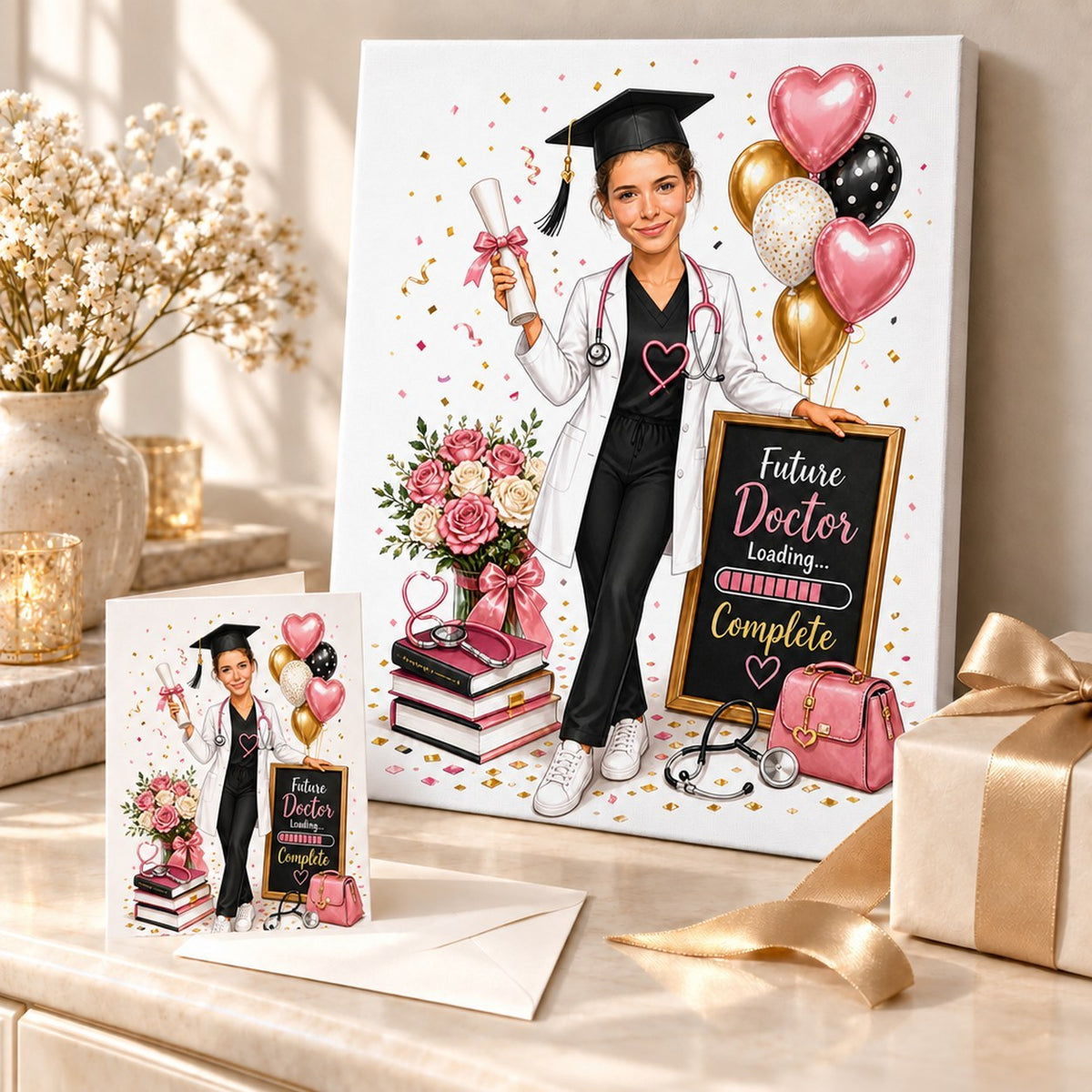 Medical graduation caricature shown on canvas and 5x7 card beside balloons and roses.