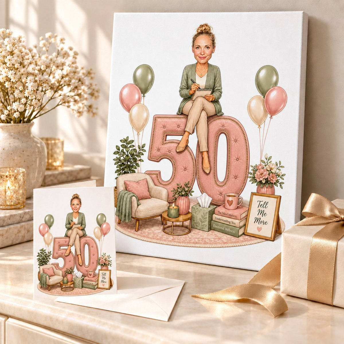 Psychologist birthday caricature shown on canvas and greeting card, styled in a cozy gift scene.