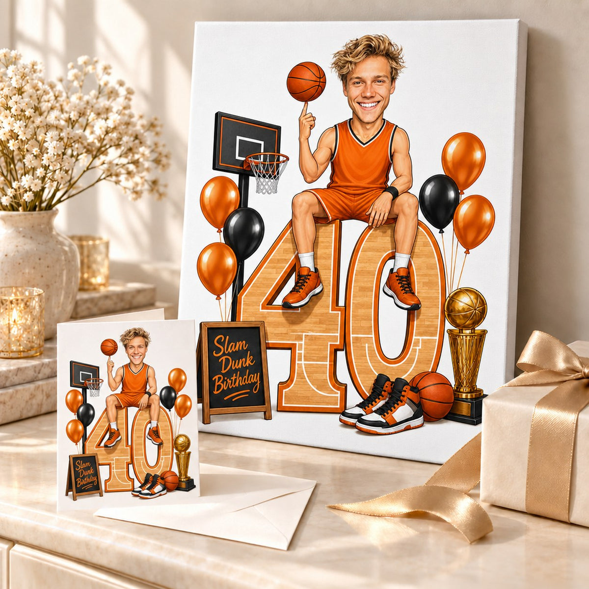 Basketball birthday caricature shown on canvas and greeting card in a gift setup.
