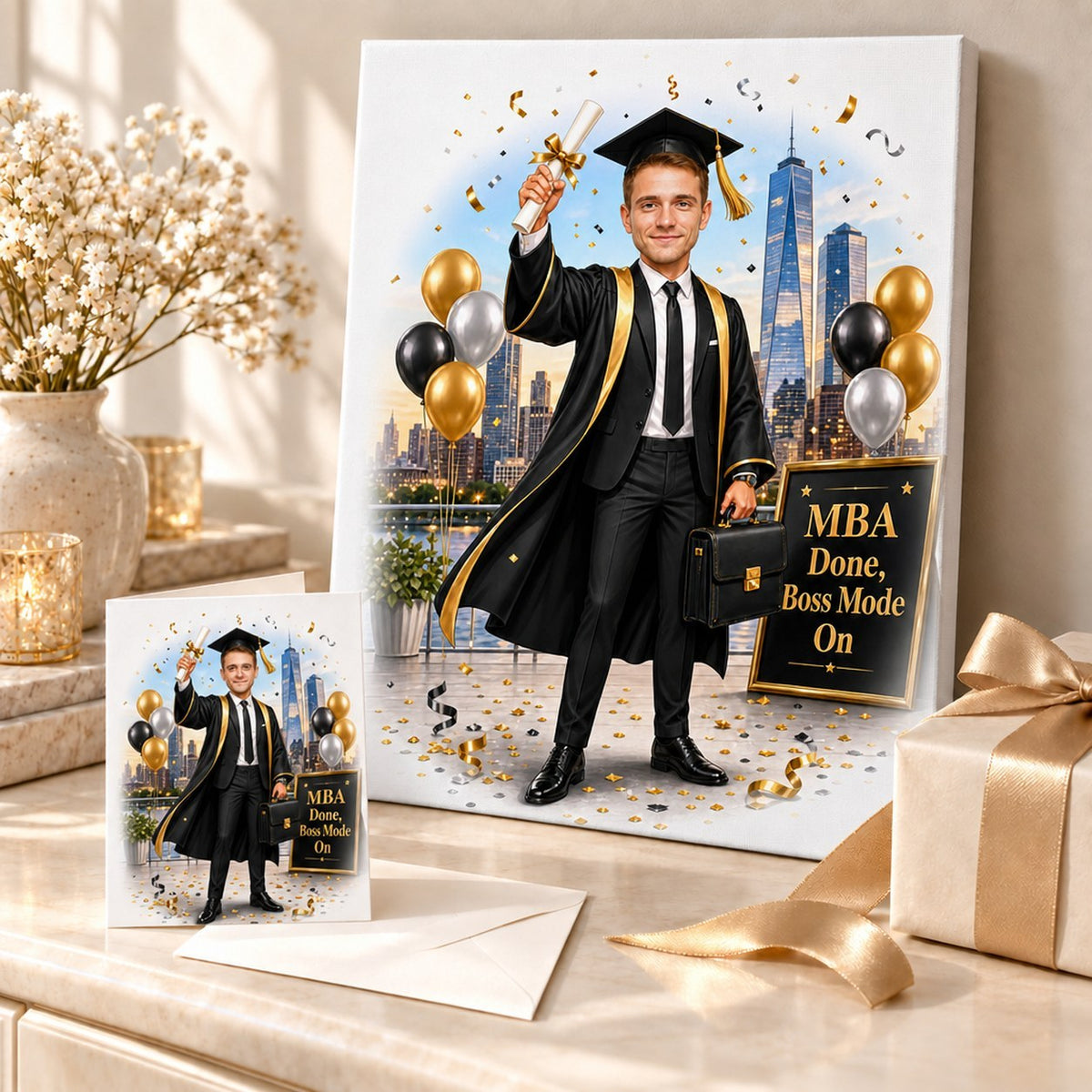 MBA graduation caricature on canvas and 5x7 card beside wrapped gift box.