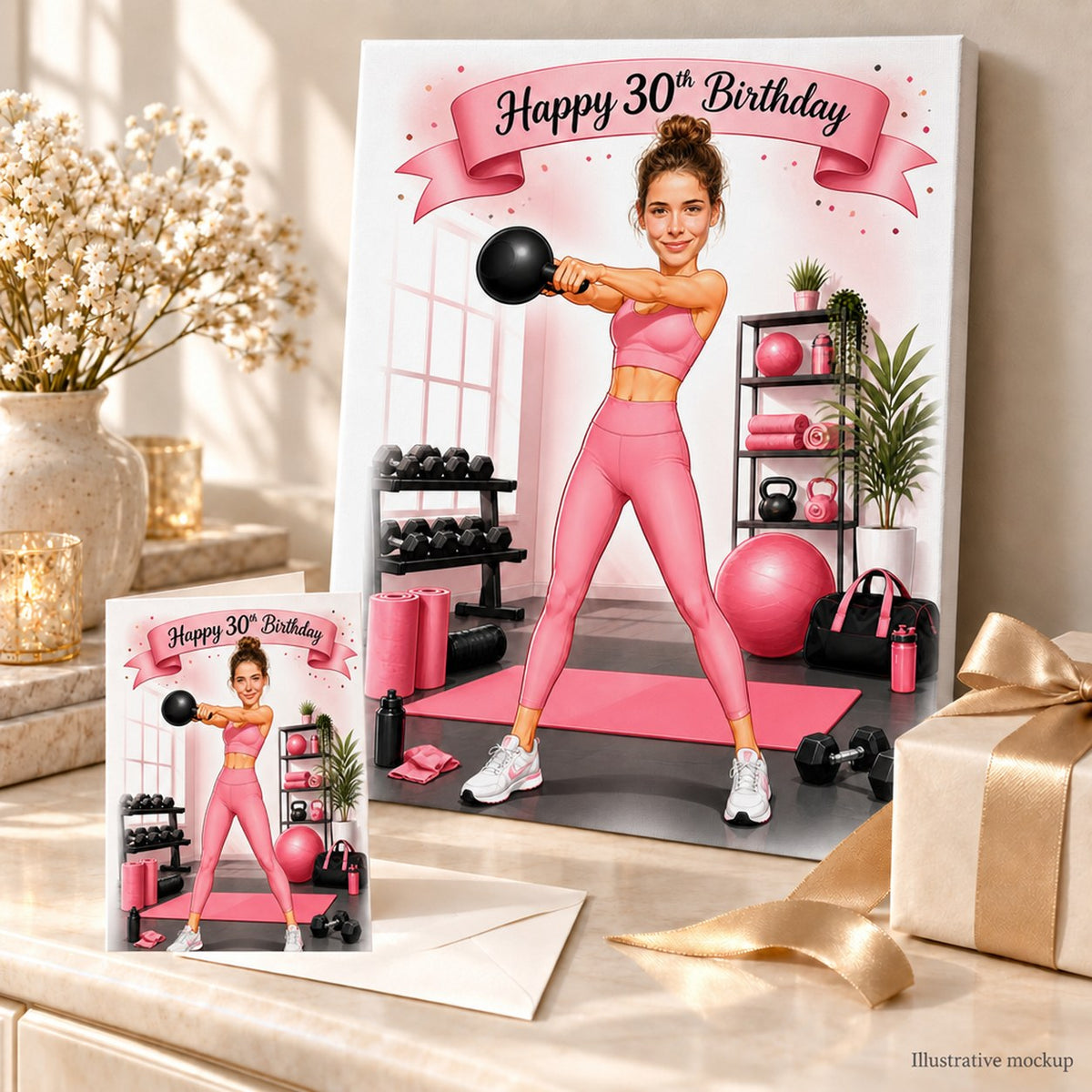 Stretched canvas and 5x7 card of custom fitness caricature in a gift setting.
