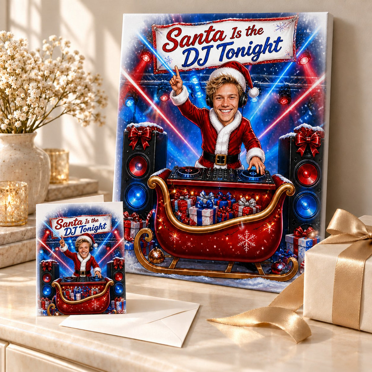 Stretched canvas and 5x7 card of DJ Santa caricature displayed with Christmas gifts and ornaments