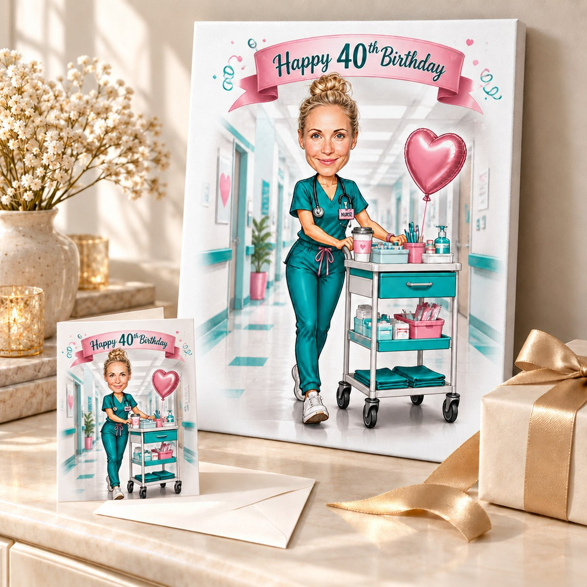 Nurse caricature on canvas and 5x7 card displayed in a bright gift scene.