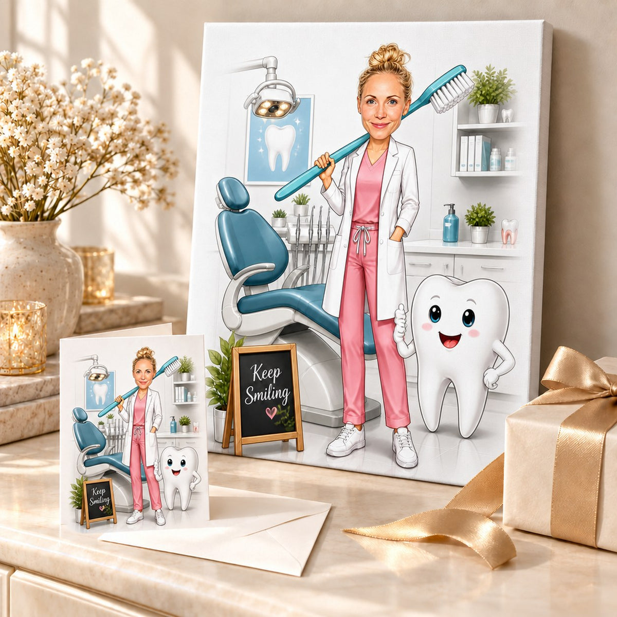 Dentist caricature on canvas and 5x7 card in a cheerful gift setup.
